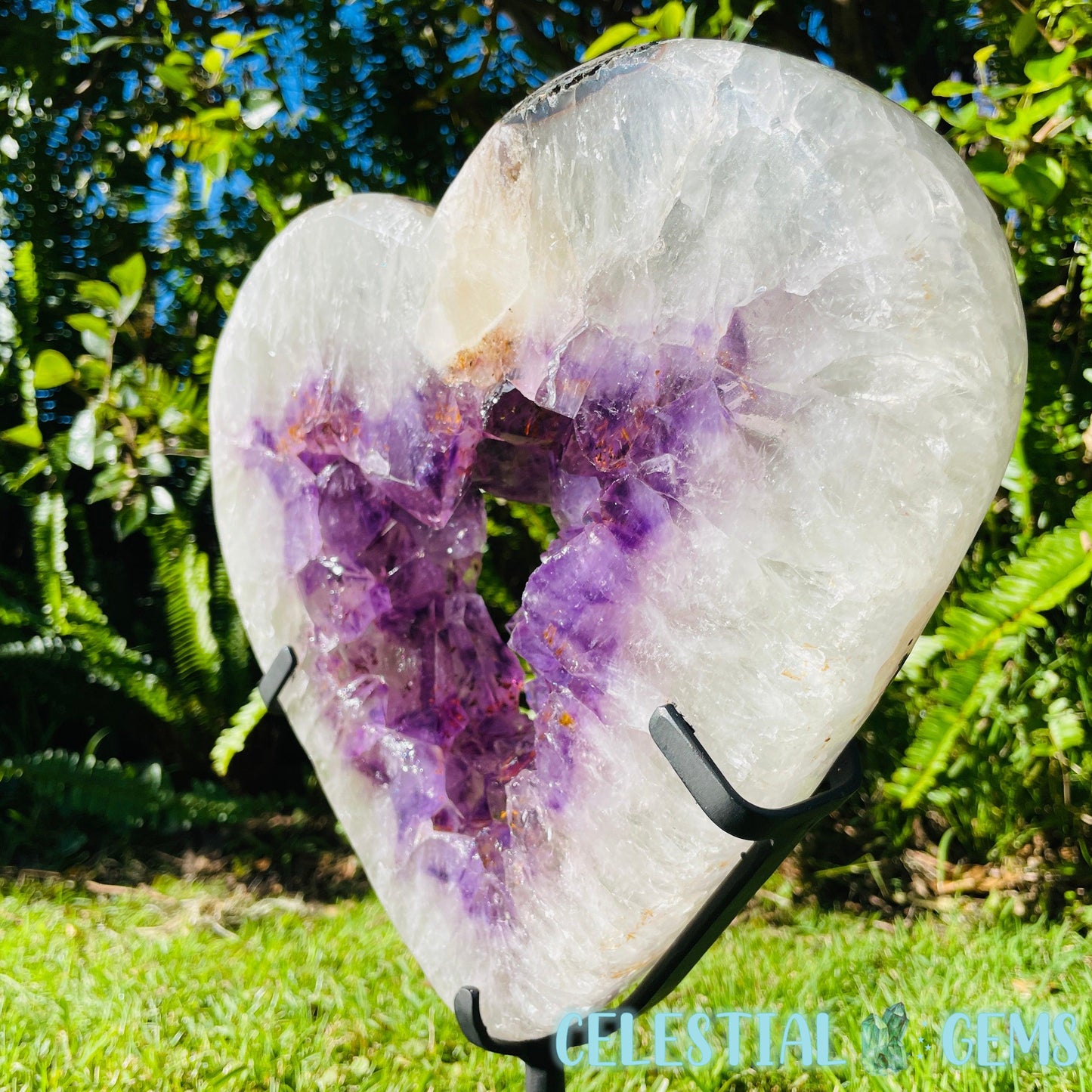 Amethyst, Cacoxenite + UV Calcite Geode Heart XXL Carving on Metal Stand (Video)