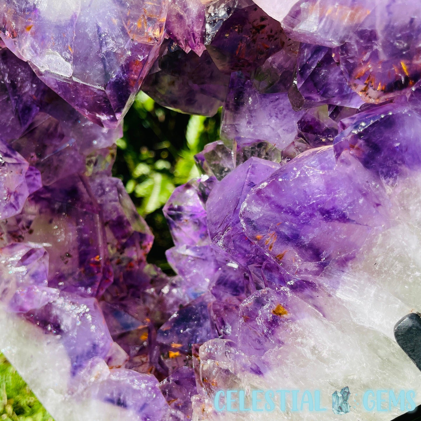 Amethyst, Cacoxenite + UV Calcite Geode Heart XXL Carving on Metal Stand (Video)