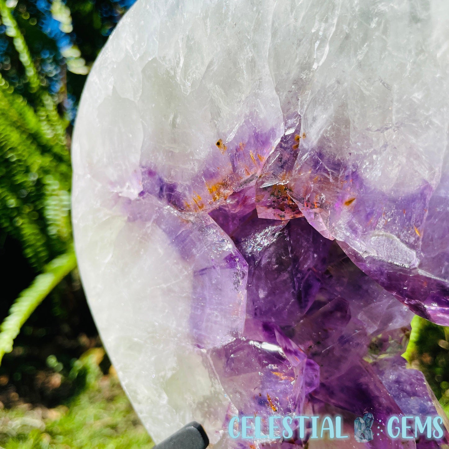 Amethyst, Cacoxenite + UV Calcite Geode Heart XXL Carving on Metal Stand (Video)