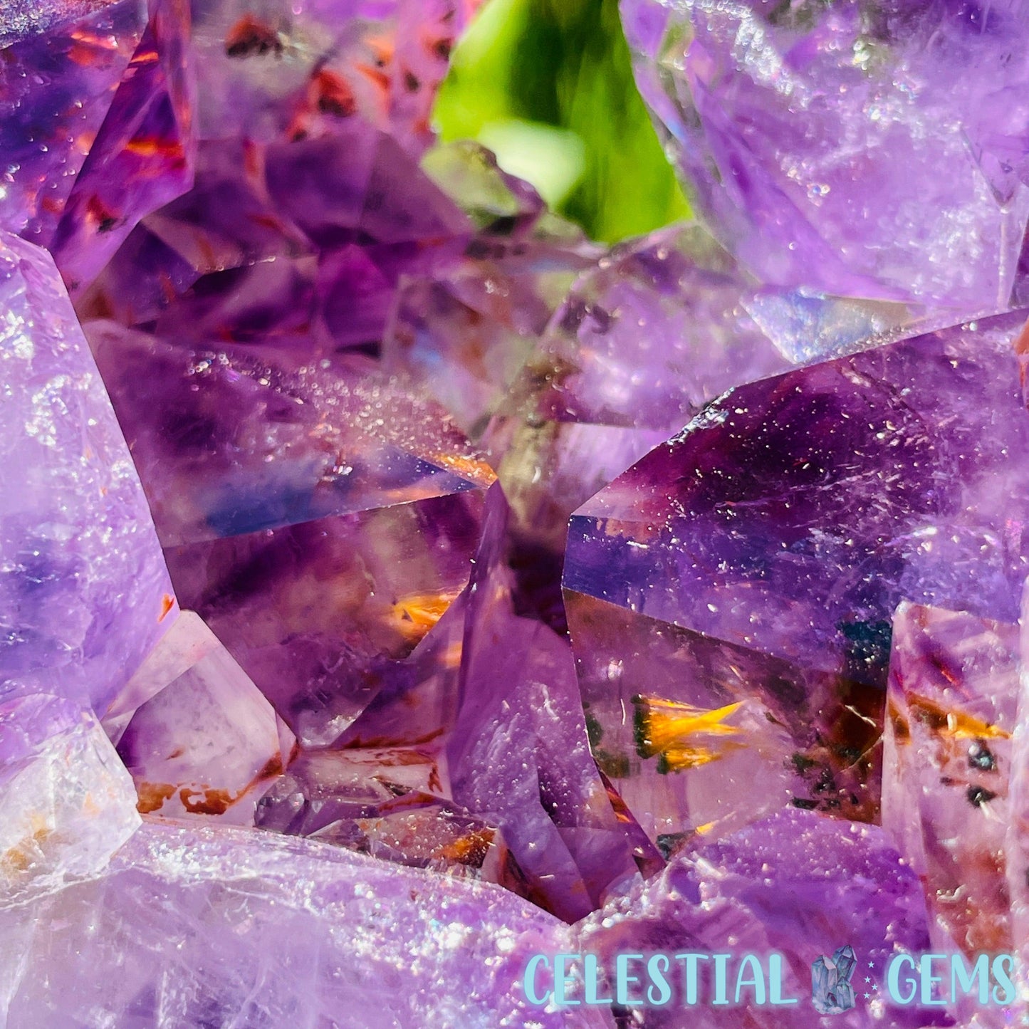 Amethyst, Cacoxenite + UV Calcite Geode Heart XXL Carving on Metal Stand (Video)