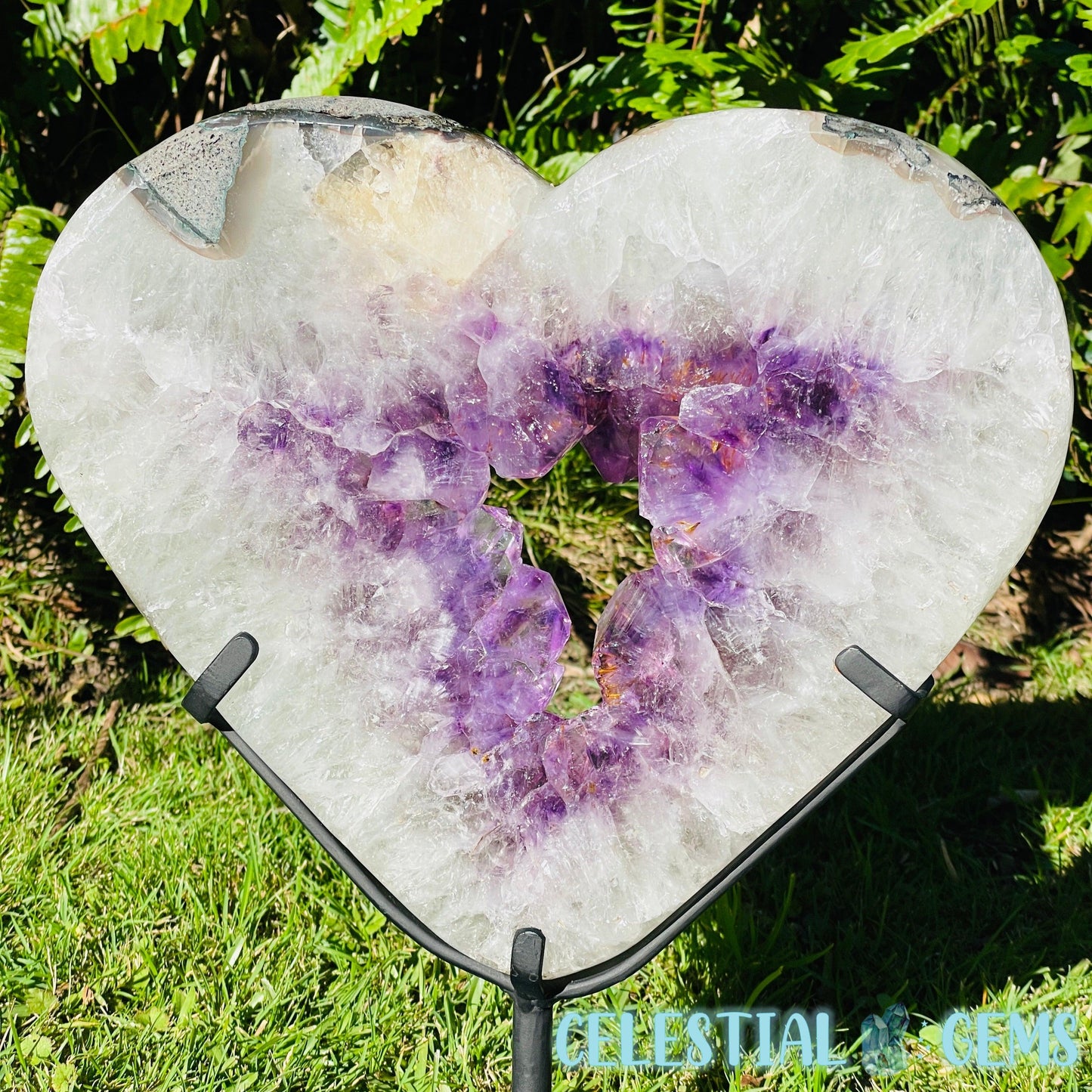 Amethyst, Cacoxenite + UV Calcite Geode Heart XXL Carving on Metal Stand (Video)