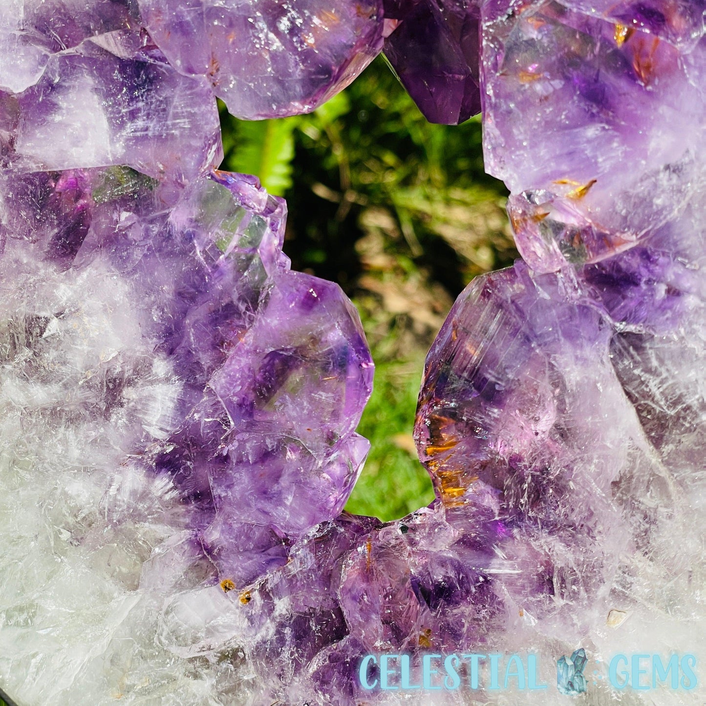 Amethyst, Cacoxenite + UV Calcite Geode Heart XXL Carving on Metal Stand (Video)