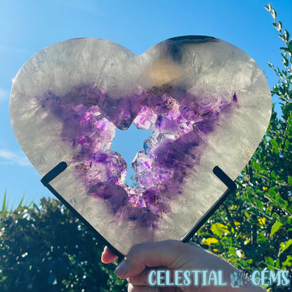 Amethyst, Cacoxenite + UV Calcite Geode Heart XXL Carving on Metal Stand (Video)