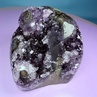 Amethyst Medium Semi-Polished Cluster Freeform with Polished Agate Stalactites (Video)