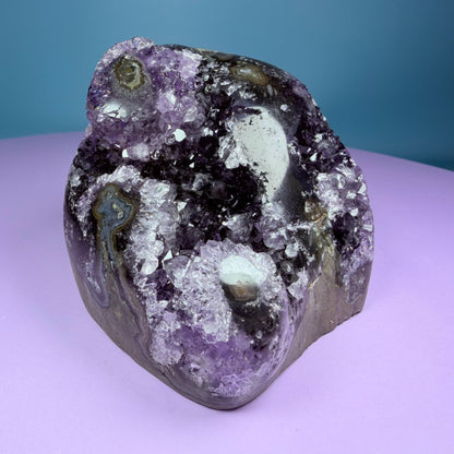 Amethyst Medium Semi-Polished Cluster Freeform with Polished Agate Stalactites (Video)