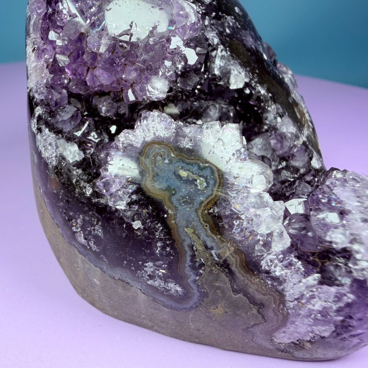 Amethyst Medium Semi-Polished Cluster Freeform with Polished Agate Stalactites (Video)
