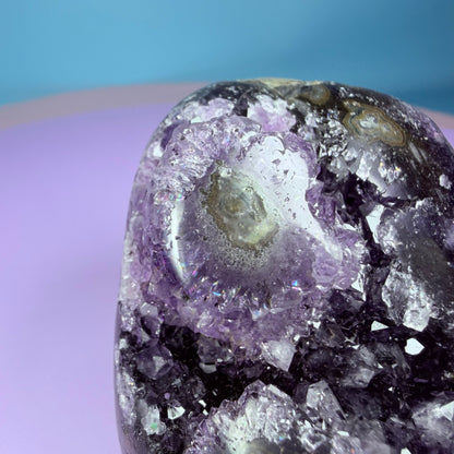 Amethyst Medium Semi-Polished Cluster Freeform with Polished Agate Stalactites (Video)