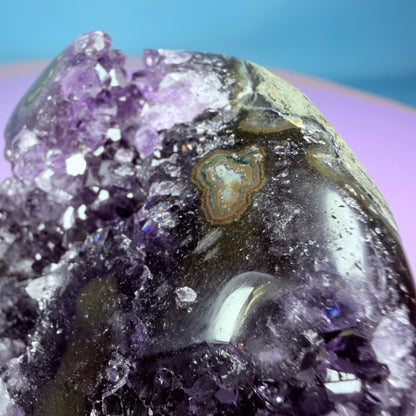 Amethyst Medium Semi-Polished Cluster Freeform with Polished Agate Stalactites (Video)