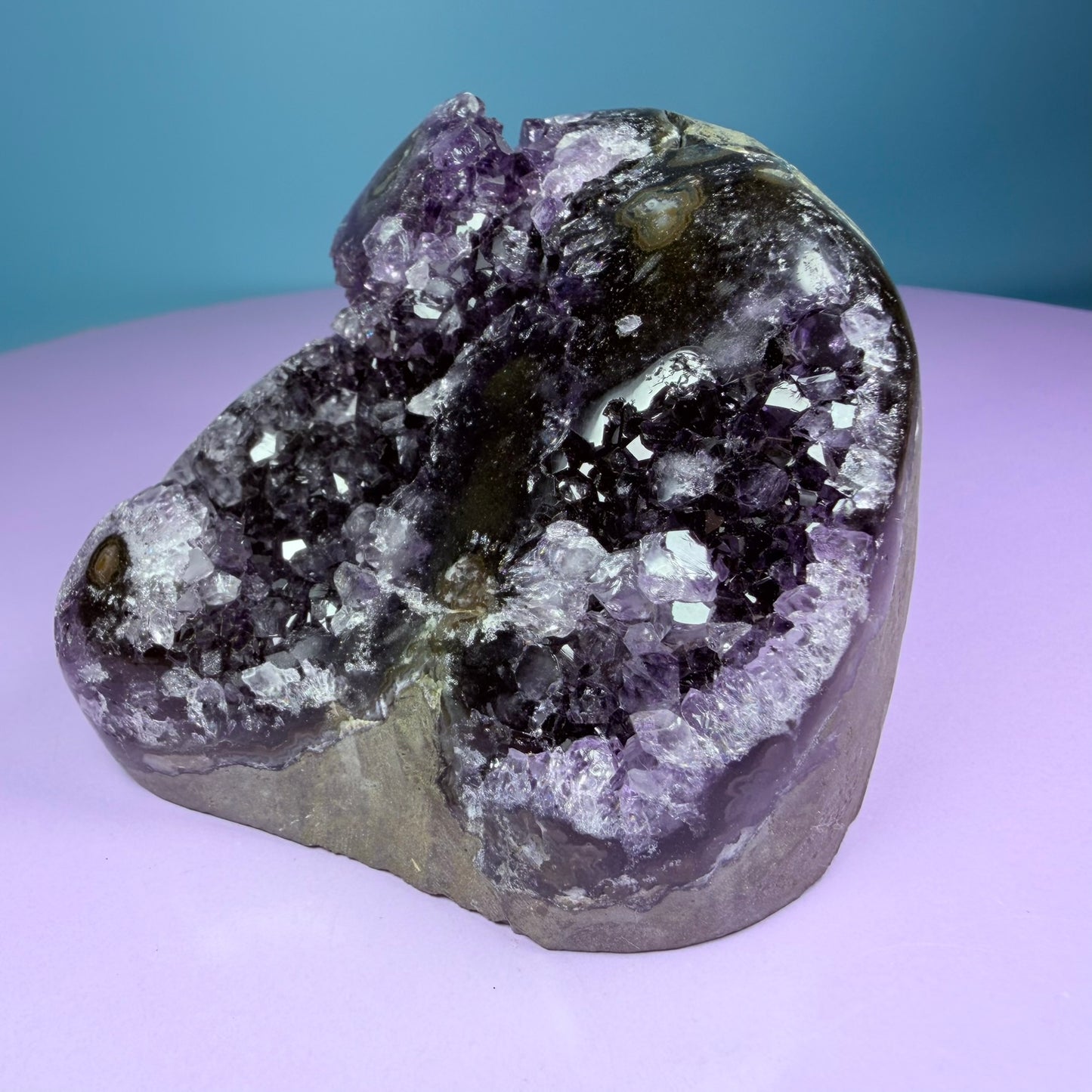 Amethyst Medium Semi-Polished Cluster Freeform with Polished Agate Stalactites (Video)
