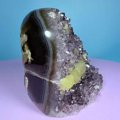 Amethyst Medium Semi-Polished Cluster Freeform with Agate and Calcite (Video)