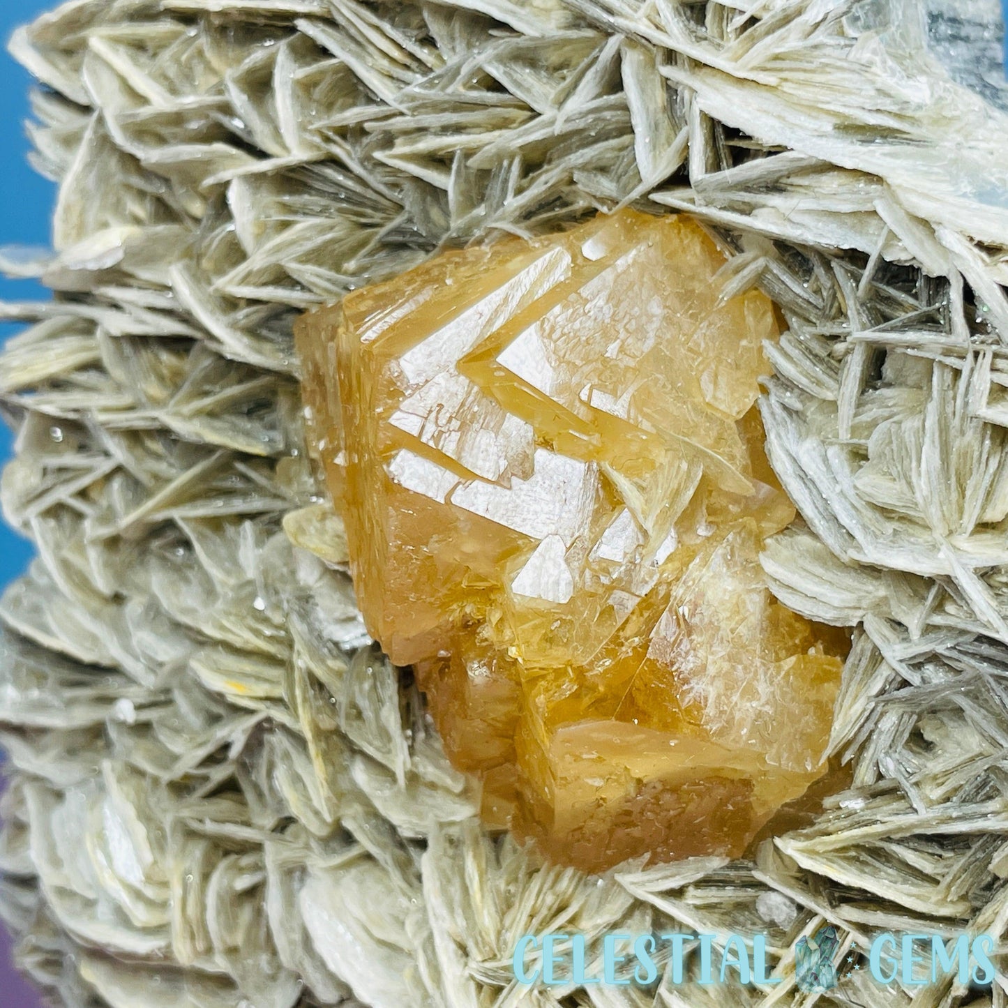 Rare Scheelite Gemstone in Muscovite Mica Cluster Large Specimen on Stand