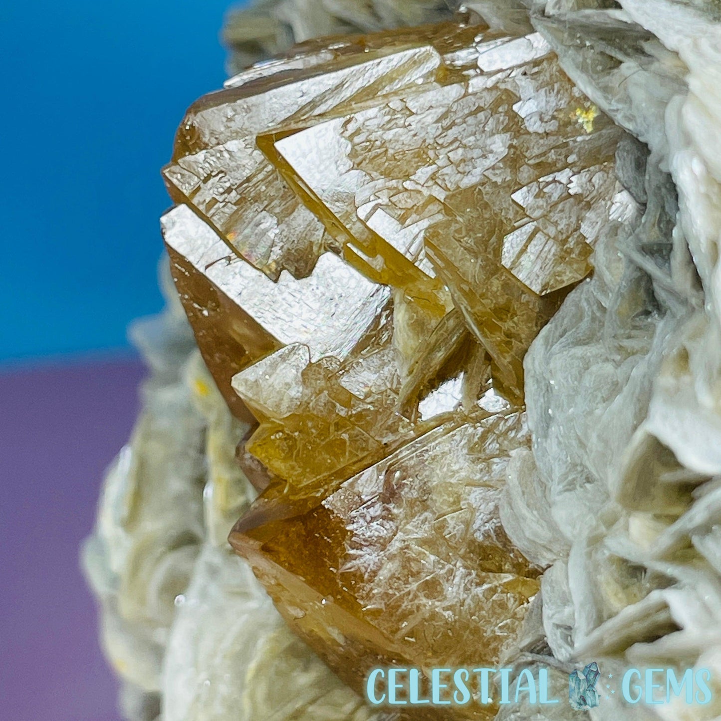 Rare Scheelite Gemstone in Muscovite Mica Cluster Large Specimen on Stand