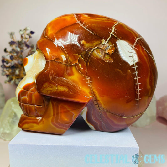 Crystalline Carnelian Agate Skull Large Carving (With Stitching!)