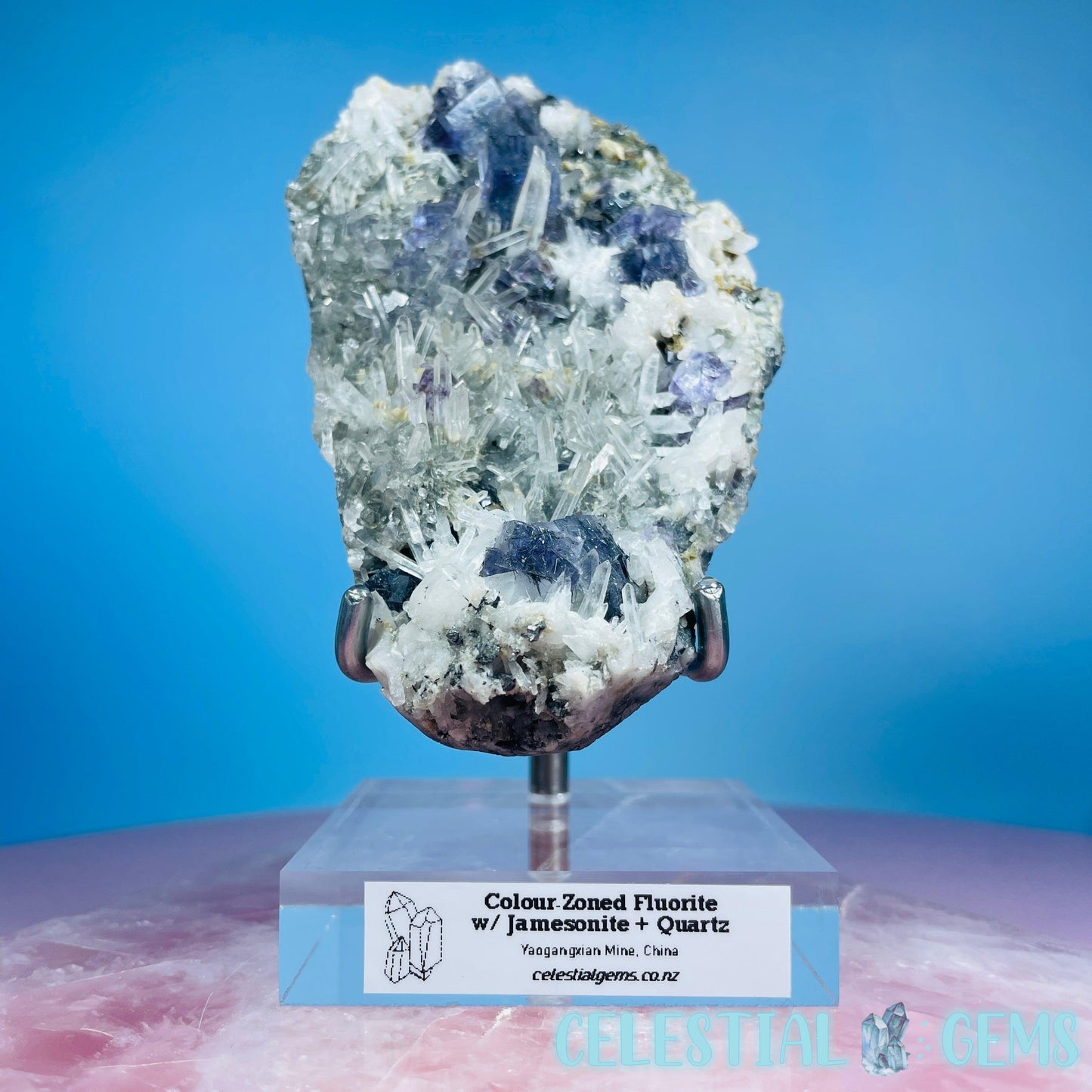 VERY RARE Inner Mongolia Colour-Zoned Fluorite with Jamesonite + Quartz Medium Cluster Specimen