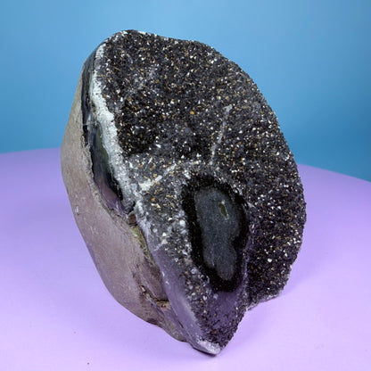 Black Amethyst Small Semi-Polished Cluster Freeform with Agate (Video)