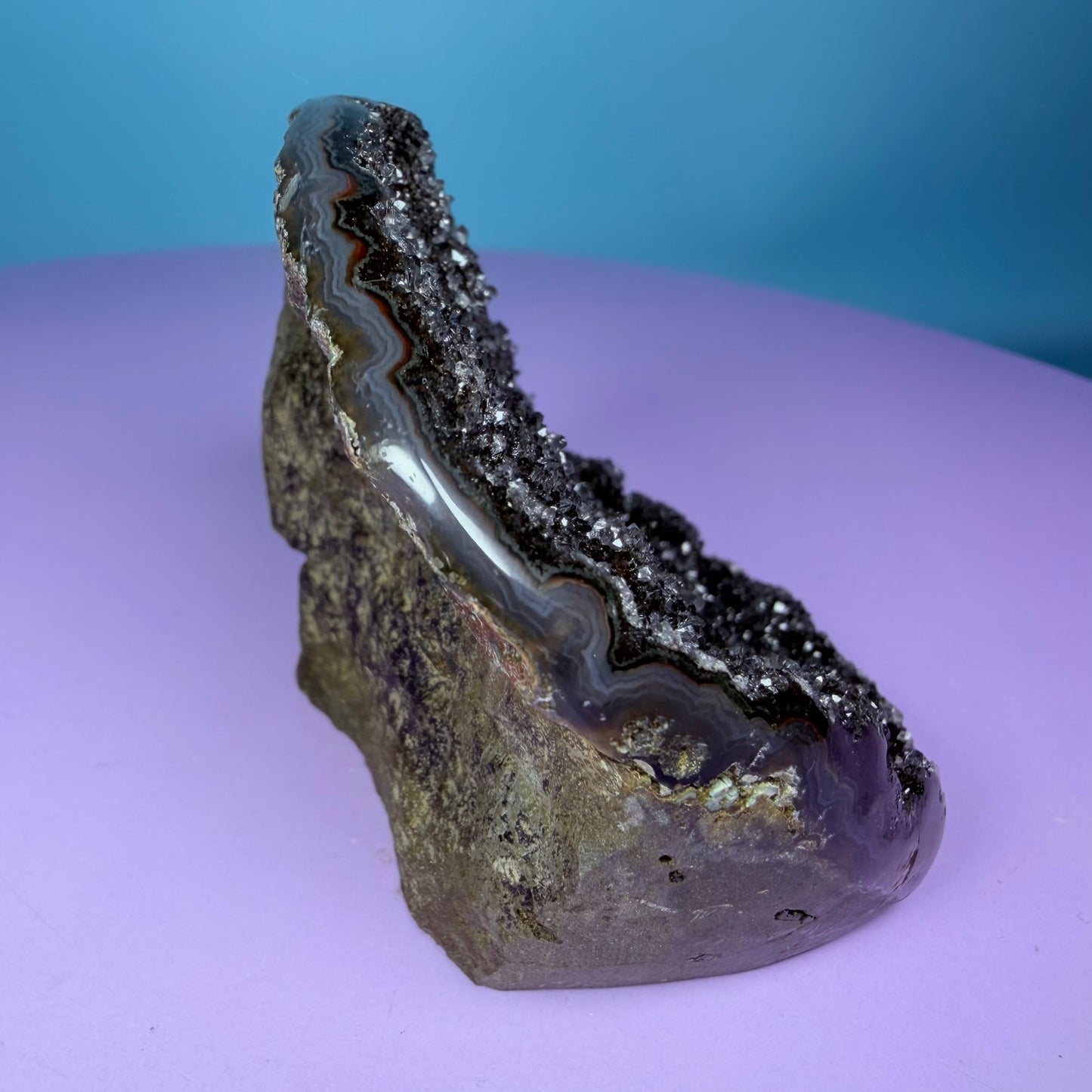 Black Amethyst Small Semi-Polished Cluster Freeform with Agate (Video)