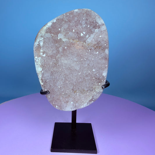 Pink Rainbow Amethyst Medium Semi-Polished Cluster Freeform on Metal Stand (Video)