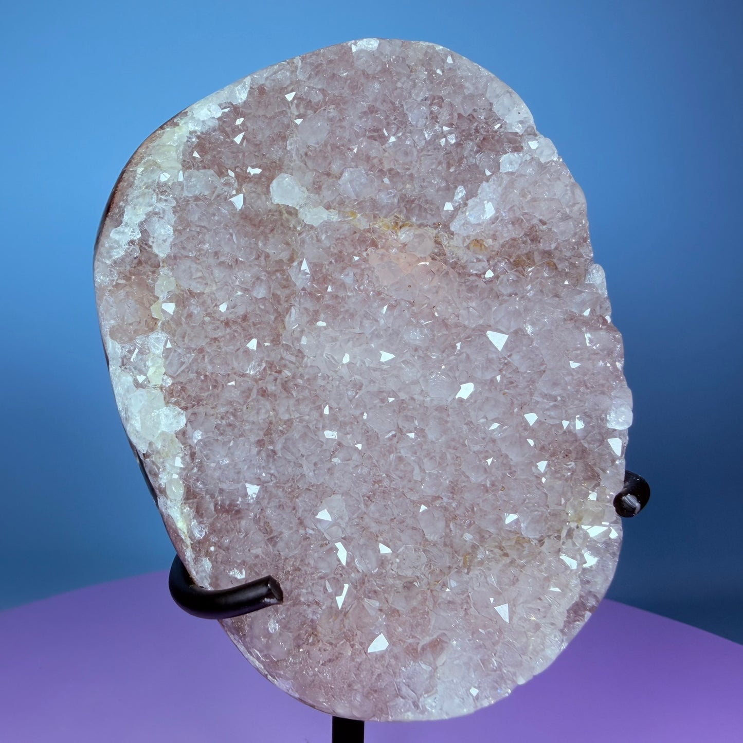 Pink Rainbow Amethyst Medium Semi-Polished Cluster Freeform on Metal Stand (Video)