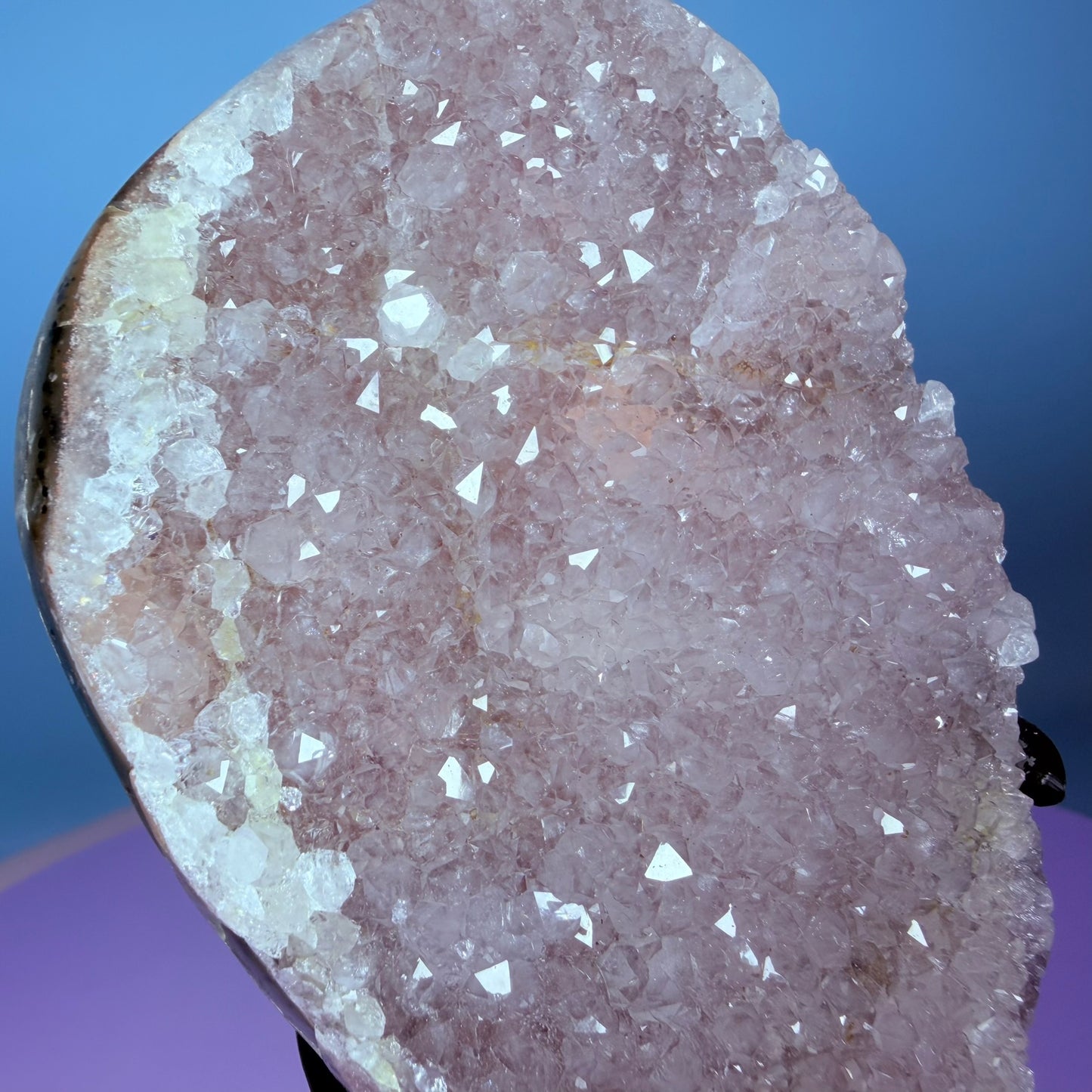 Pink Rainbow Amethyst Medium Semi-Polished Cluster Freeform on Metal Stand (Video)