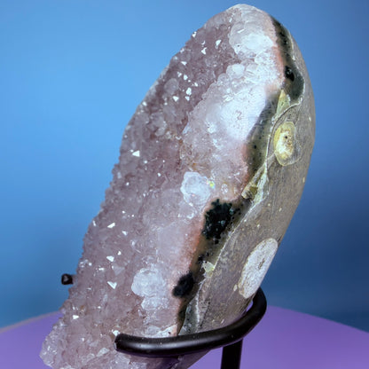 Pink Rainbow Amethyst Medium Semi-Polished Cluster Freeform on Metal Stand (Video)