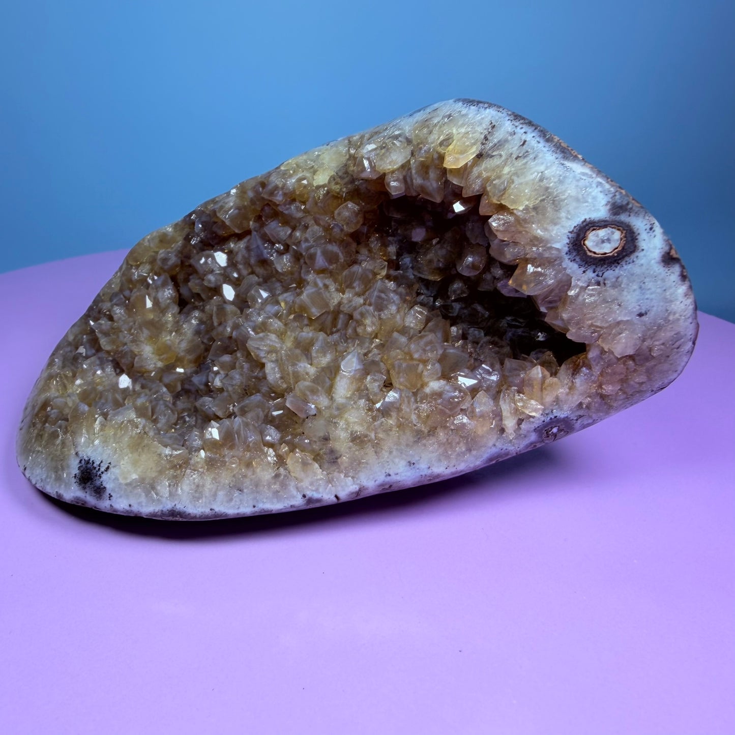Citrine Medium Semi-Polished Geode with Blue Chalcedony (Video)
