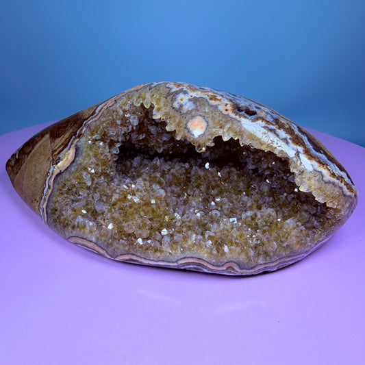 Citrine Medium Semi-Polished Geode with Blue Chalcedony (Video)