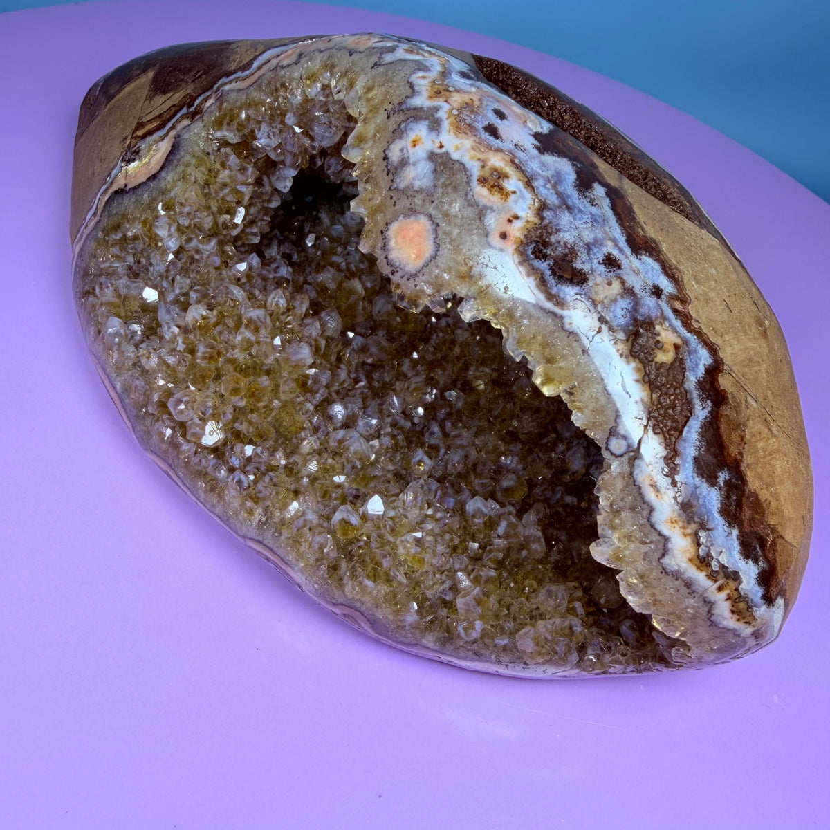 Citrine Medium Semi-Polished Geode with Blue Chalcedony (Video)
