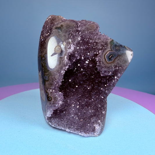 Amethyst Small Semi-Polished Cluster Freeform with Agate Stalactites (Video)
