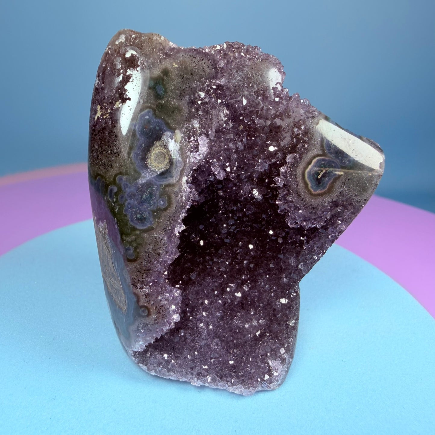 Amethyst Small Semi-Polished Cluster Freeform with Agate Stalactites (Video)