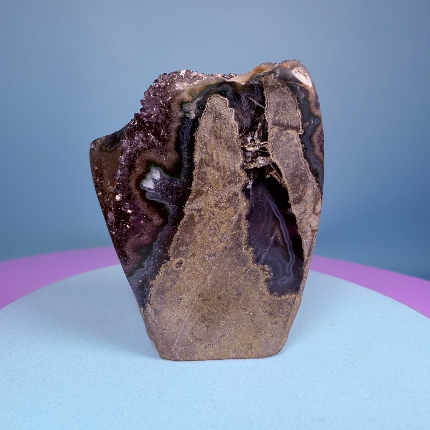 Amethyst Small Semi-Polished Cluster Freeform with Agate Stalactites (Video)