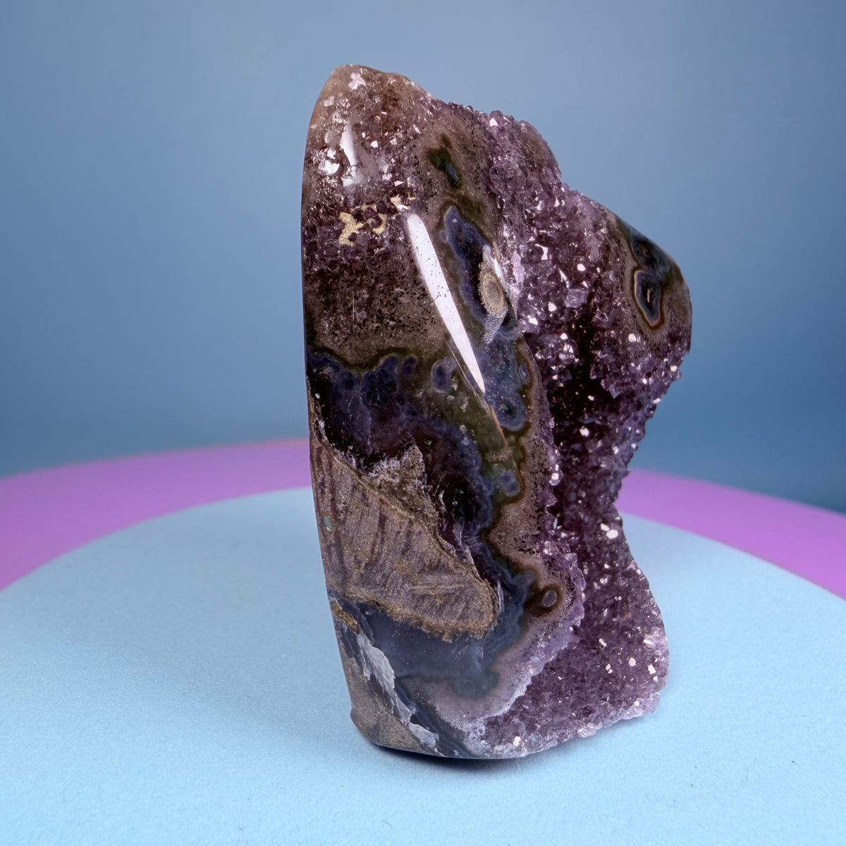Amethyst Small Semi-Polished Cluster Freeform with Agate Stalactites (Video)