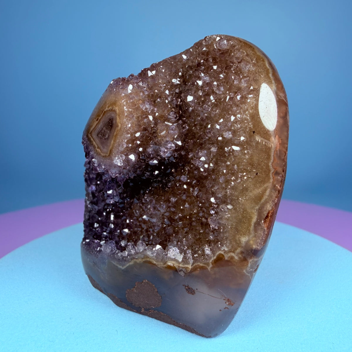 Rainbow Amethyst Small Semi-Polished Cluster Freeform with Agate Stalactites (Video)