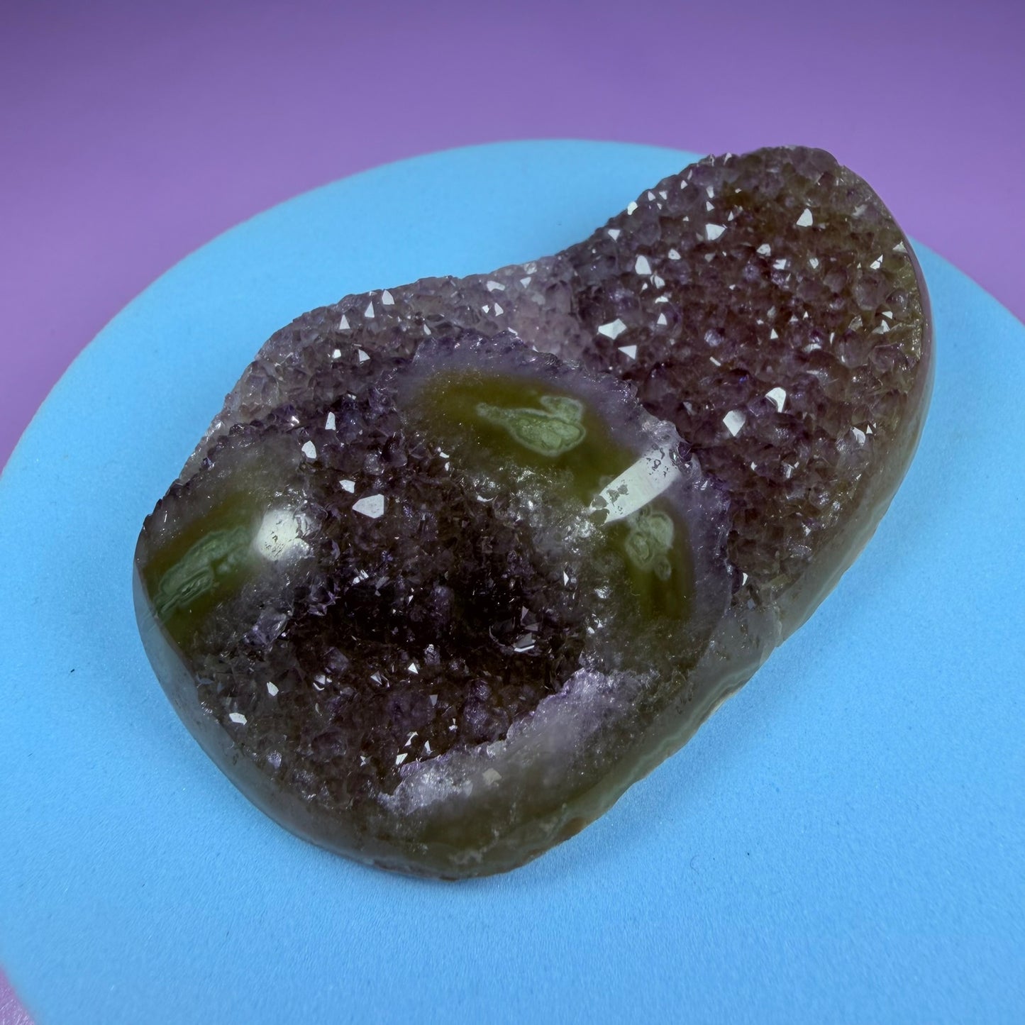 Amethyst Small Semi-Polished Cluster with Green Agate Stalactites (Video)