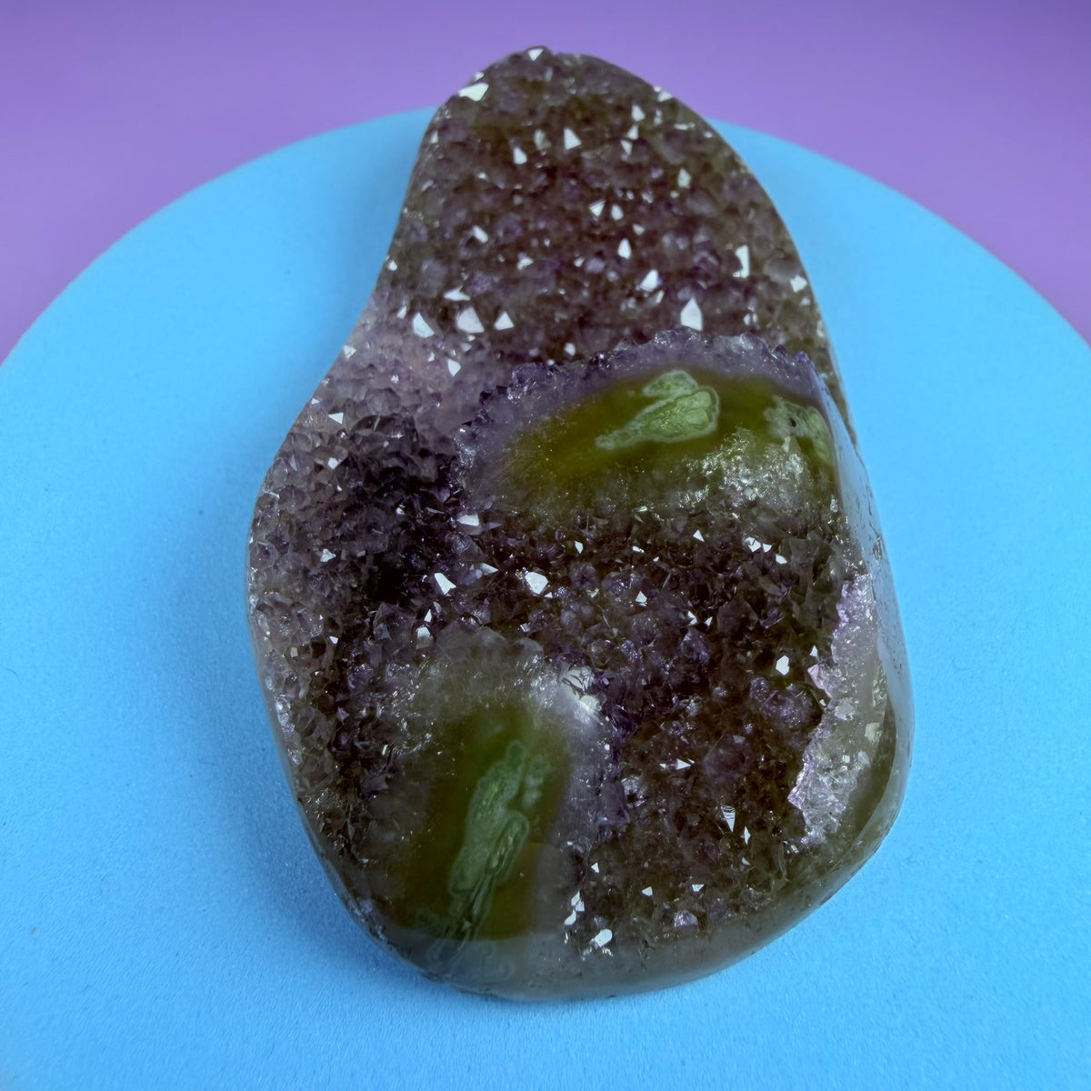 Amethyst Small Semi-Polished Cluster with Green Agate Stalactites (Video)