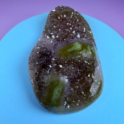 Amethyst Small Semi-Polished Cluster with Green Agate Stalactites (Video)