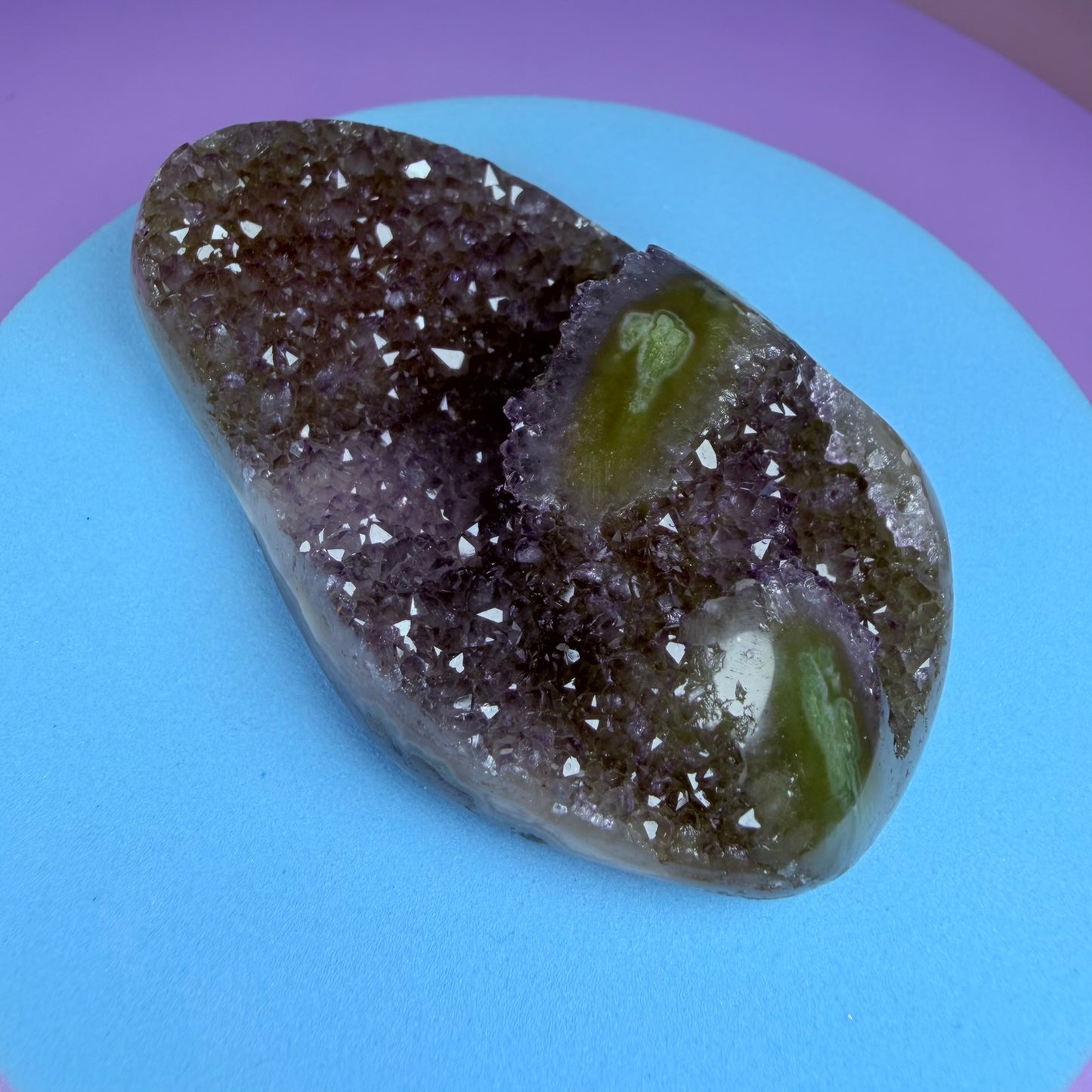 Amethyst Small Semi-Polished Cluster with Green Agate Stalactites (Video)