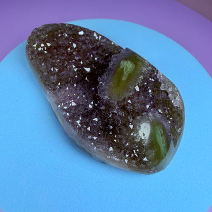 Amethyst Small Semi-Polished Cluster with Green Agate Stalactites (Video)
