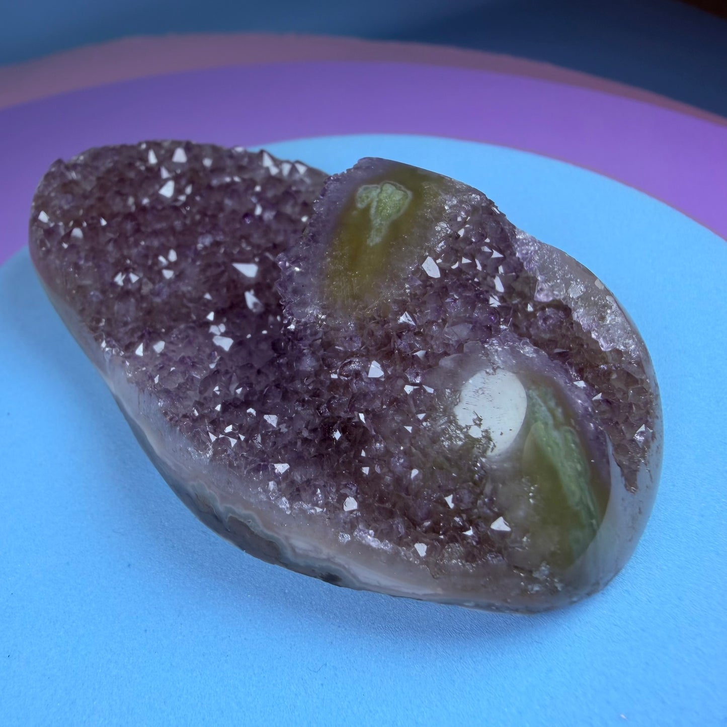 Amethyst Small Semi-Polished Cluster with Green Agate Stalactites (Video)