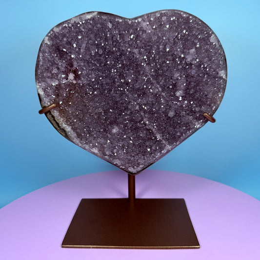 Amethyst Cluster Heart Large Carving on Metal Stand (Video)