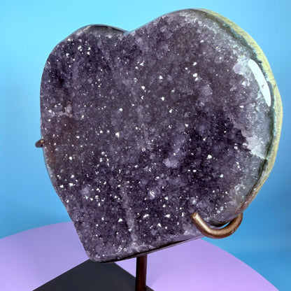 Amethyst Cluster Heart Large Carving on Metal Stand (Video)