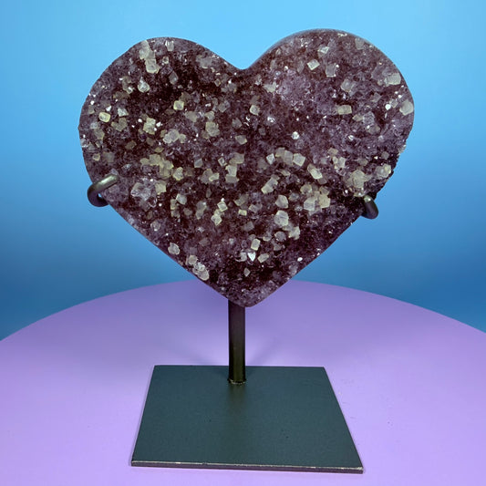 Amethyst Cluster Heart Medium Carving with Calcite on Metal Stand (Video)
