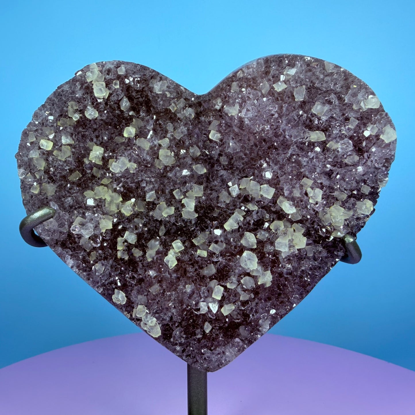 Amethyst Cluster Heart Medium Carving with Calcite on Metal Stand (Video)