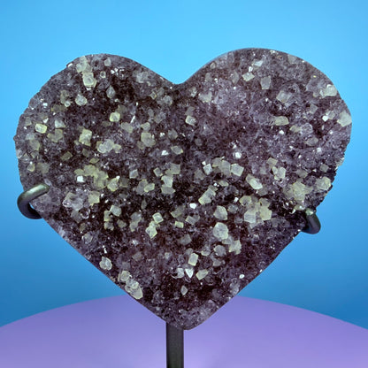 Amethyst Cluster Heart Medium Carving with Calcite on Metal Stand (Video)