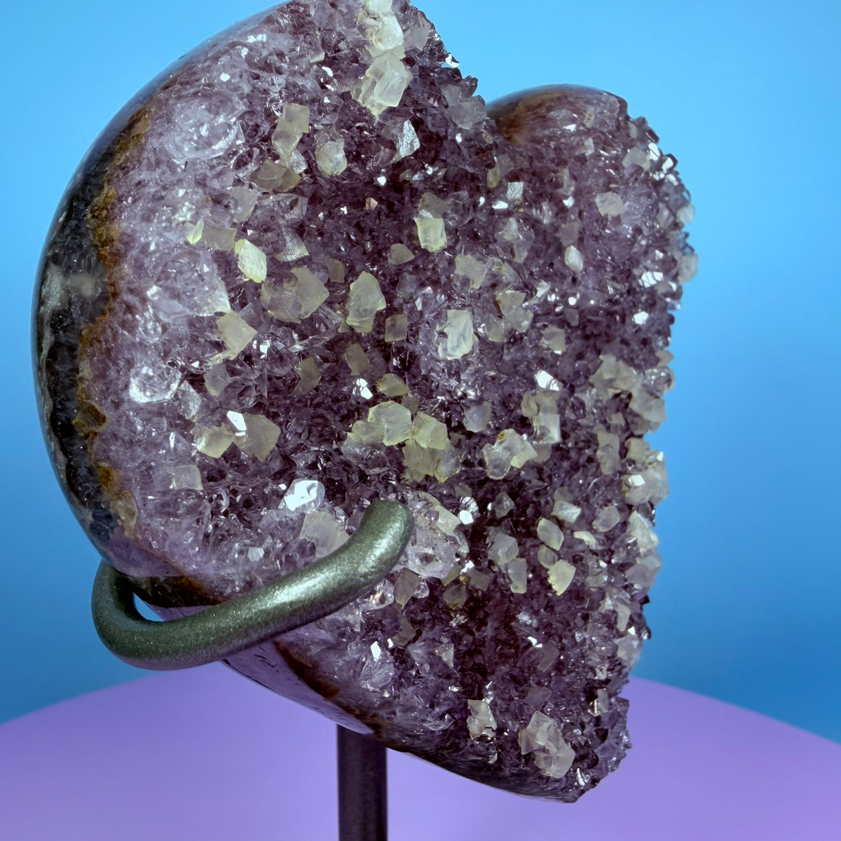 Amethyst Cluster Heart Medium Carving with Calcite on Metal Stand (Video)