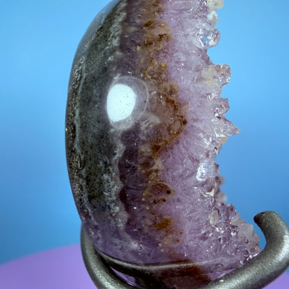 Amethyst Cluster Heart Medium Carving with Calcite on Metal Stand (Video)