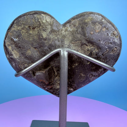 Amethyst Cluster Heart Medium Carving with Calcite on Metal Stand (Video)
