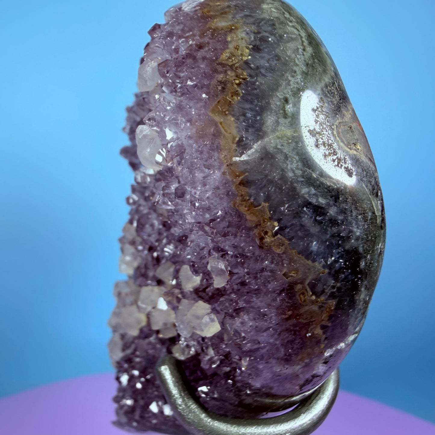 Amethyst Cluster Heart Medium Carving with Calcite on Metal Stand (Video)