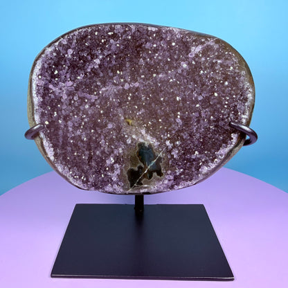 Amethyst Large Semi-Polished Cluster Freeform with Agate on Metal Stand (Video)