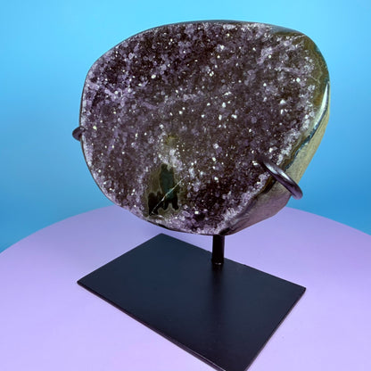 Amethyst Large Semi-Polished Cluster Freeform with Agate on Metal Stand (Video)