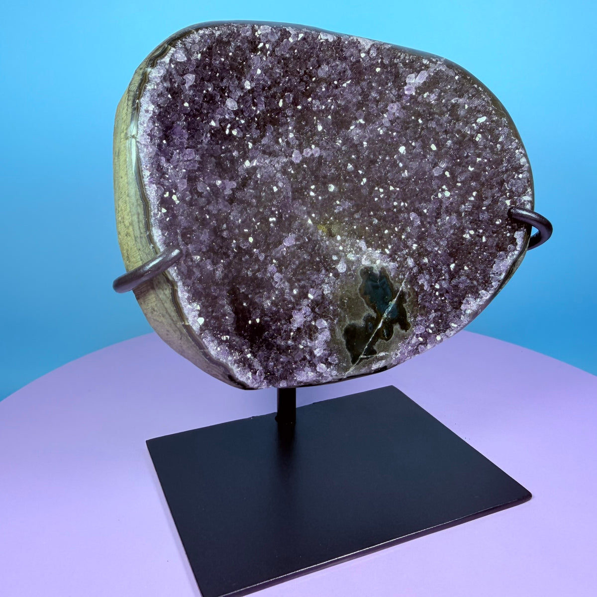 Amethyst Large Semi-Polished Cluster Freeform with Agate on Metal Stand (Video)